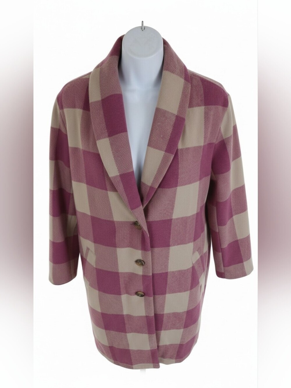 RD Style Pink & Cream Plaid Coatigan Small Oversized Long Cardigan Shacket - Picture 2 of 3
